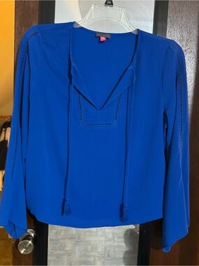Vince Camuto Royal Blue V-Neck Tassel Peasant Blouse